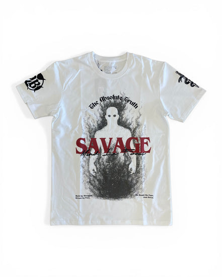 White t-shirt with graphic design and text on a white background
