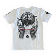 White t-shirt with black graphic design of a brain and hands on a white background