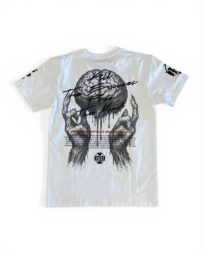 White t-shirt with black graphic design of a brain and hands on a white background