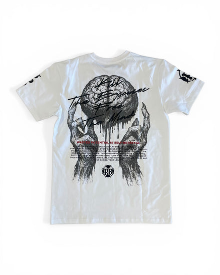 White t-shirt with black graphic design of a brain and hands on a white background