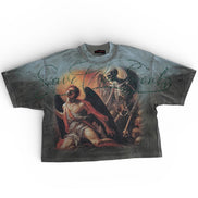 T-shirt with graphic design of an angel and devil on a white background
