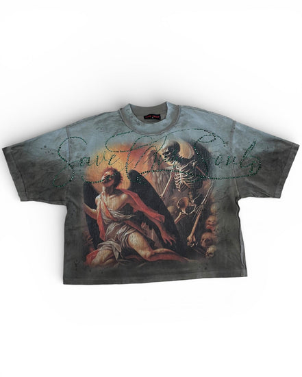 T-shirt with graphic design of an angel and devil on a white background