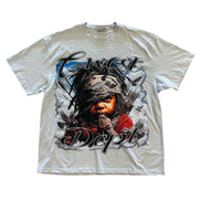 T-shirt with graphic design and text on a white background