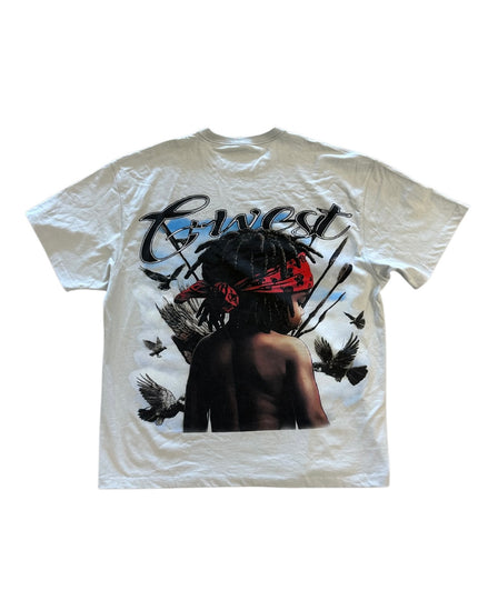 White t-shirt with graphic design of a person with dreadlocks and birds on a white background