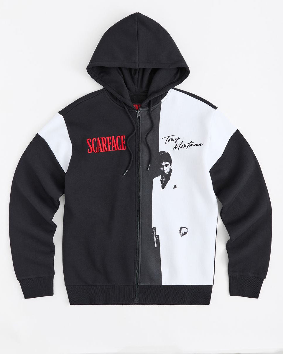 Black and white hoodie with 'Scarface' branding on a white background