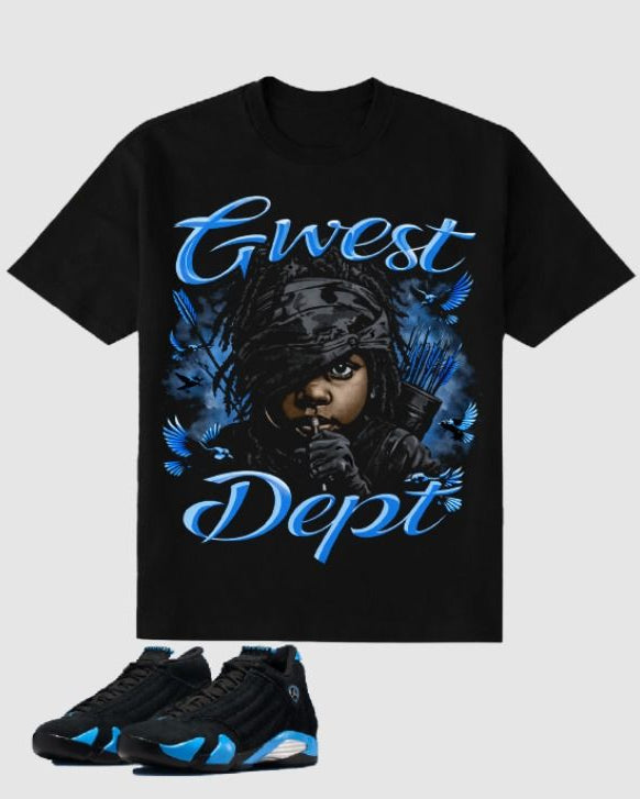 Black t-shirt with graphic design and matching sneakers on a light gray background