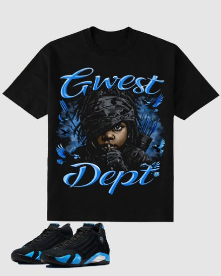 Black t-shirt with graphic design and matching sneakers on a light gray background