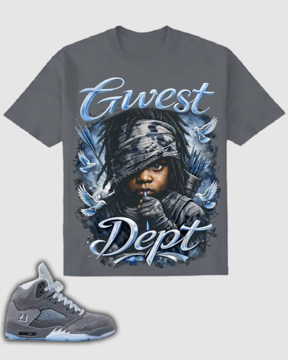 Gray t-shirt with graphic design and sneaker on a light gray background