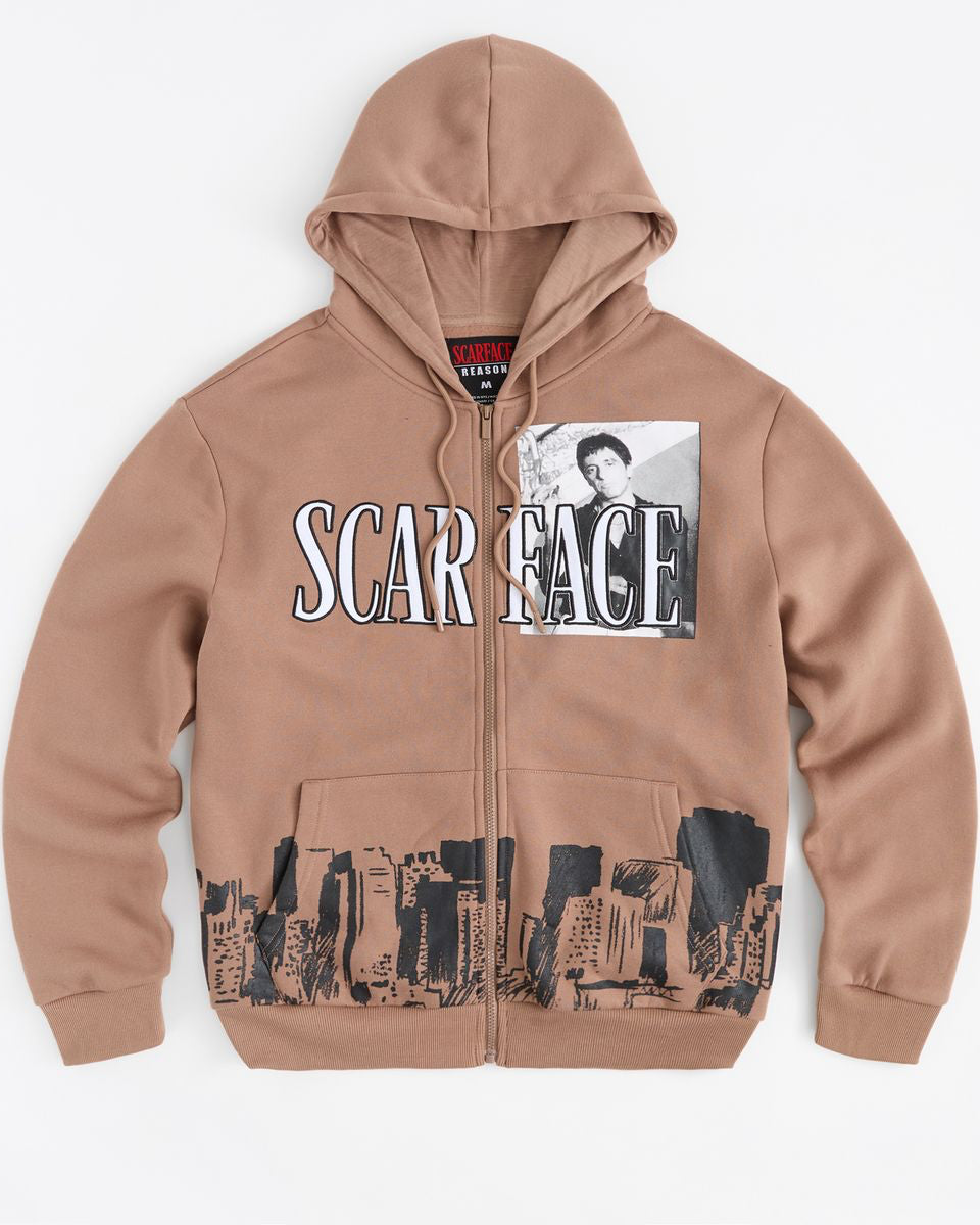 Brown hoodie with 'SCARFACE' design on a white background