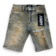 Distressed denim shorts with a brand label on a white background