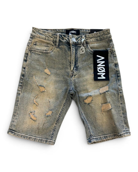 Distressed denim shorts with a brand label on a white background