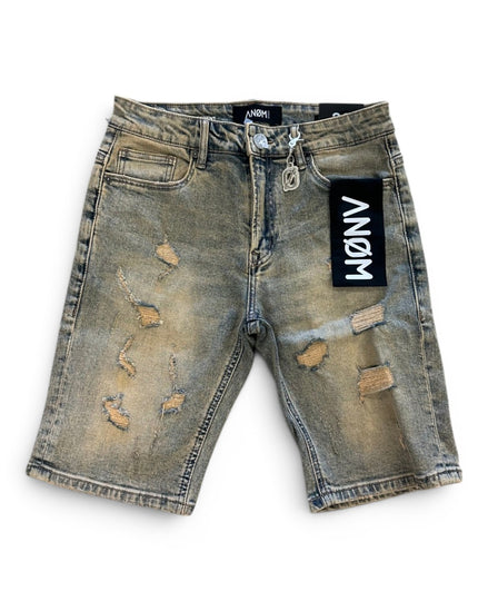 Distressed denim shorts with a brand label on a white background