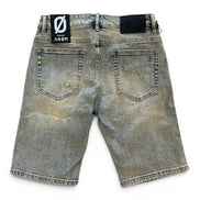 Back view of a distressed denim short with brand label on a white background