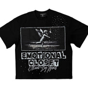 Black graphic shirt with angel imagery and phrase 