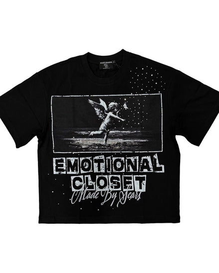 Black graphic shirt with angel imagery and phrase "emotional closet made by scars finished with rhinestone details. 