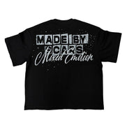black t-shirt with rhinestone details and phrase 