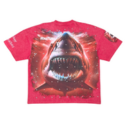 Red t-shirt with a shark graphic on a white background