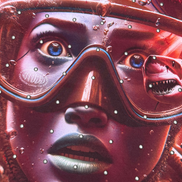 Close-up of a person wearing goggles with a red and metallic color scheme.