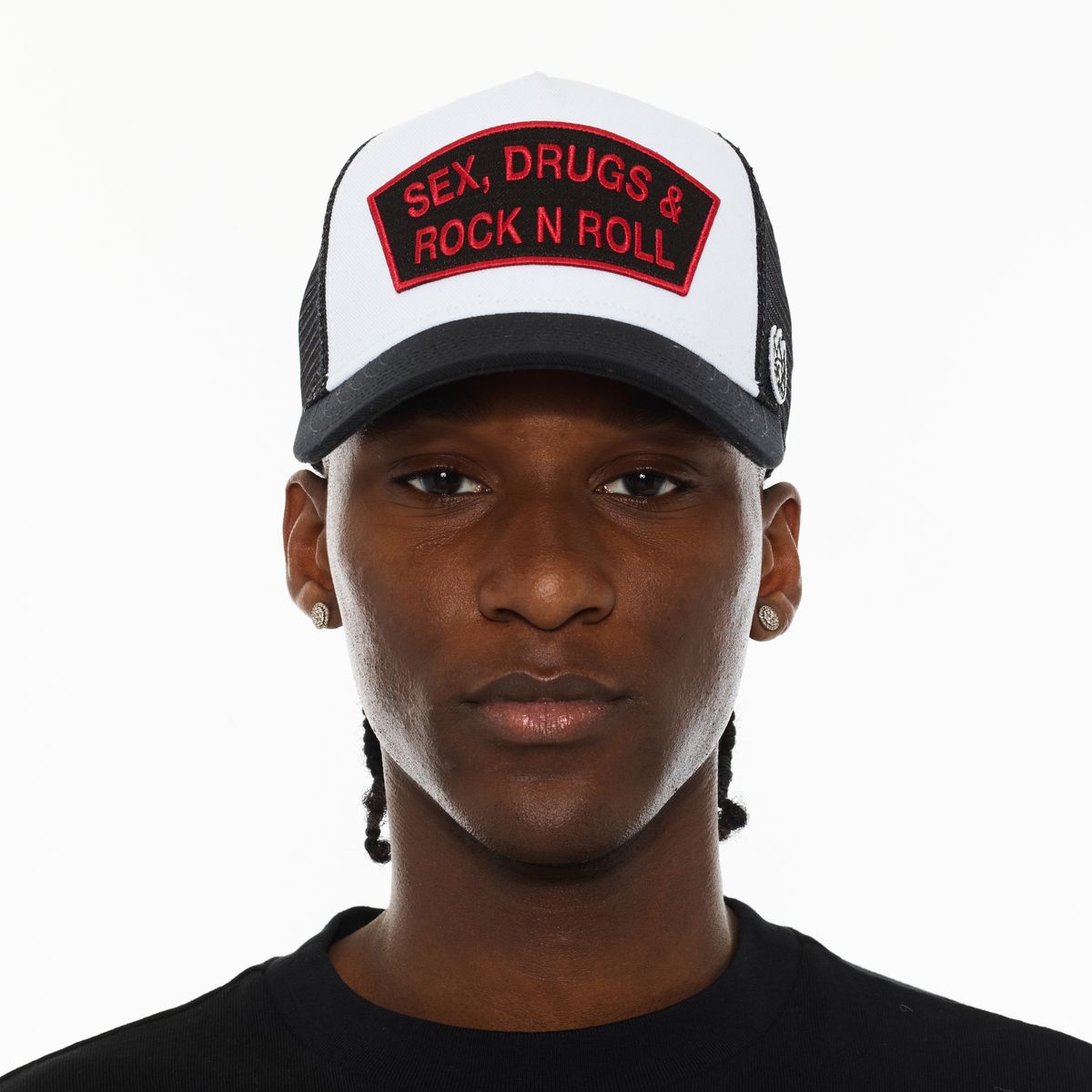 Person wearing a cap with 'Sex, Drugs & Rock n Roll' text on a white background