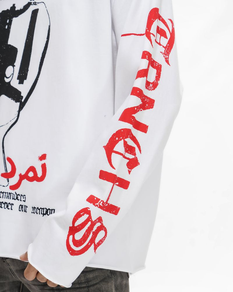 White sweatshirt with red and black graphics and text on a white background