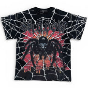 T-shirt with a spider and web design on a white background