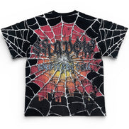 Black t-shirt with spider web design and colorful central graphic on a white background