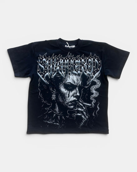 Black t-shirt with graphic design and text on a white background