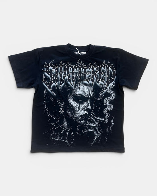 Black t-shirt with graphic design and text on a white background