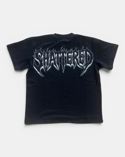 Black t-shirt with 'SHATTERED' graphic design on a white background