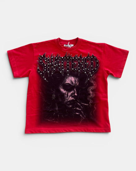 Red t-shirt with black graphic design on a white background