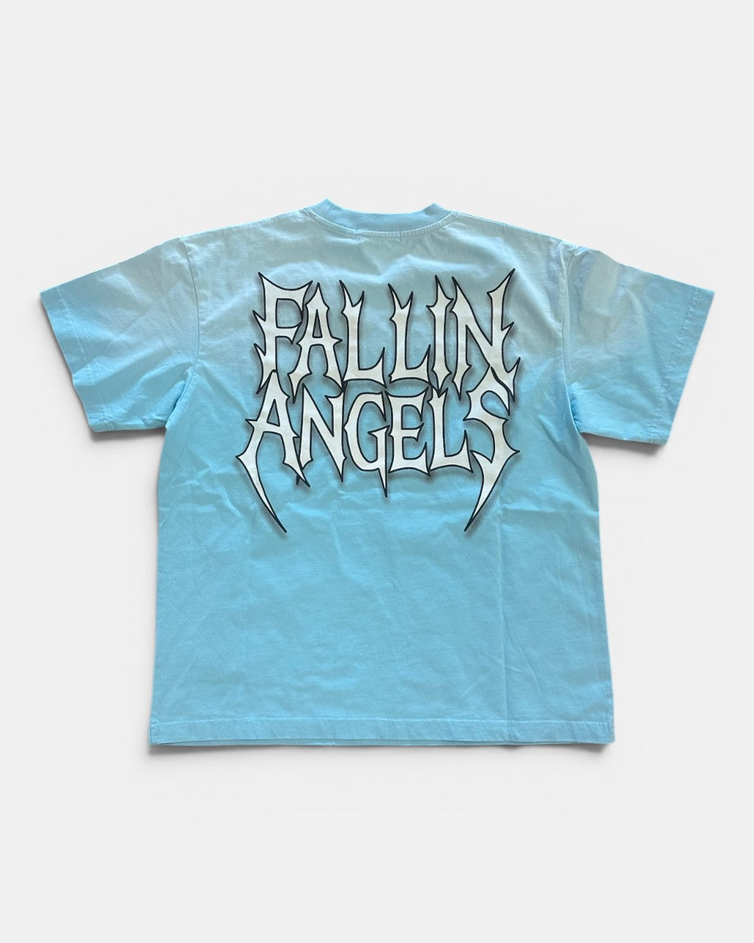 Light blue t-shirt with 'Fallin Angels' graphic design on a white background