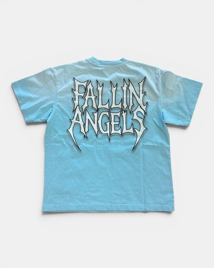Light blue t-shirt with 'Fallin Angels' graphic design on a white background