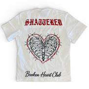 T-shirt with 'Shattered' and 'Broken Heart Club' design on a white background