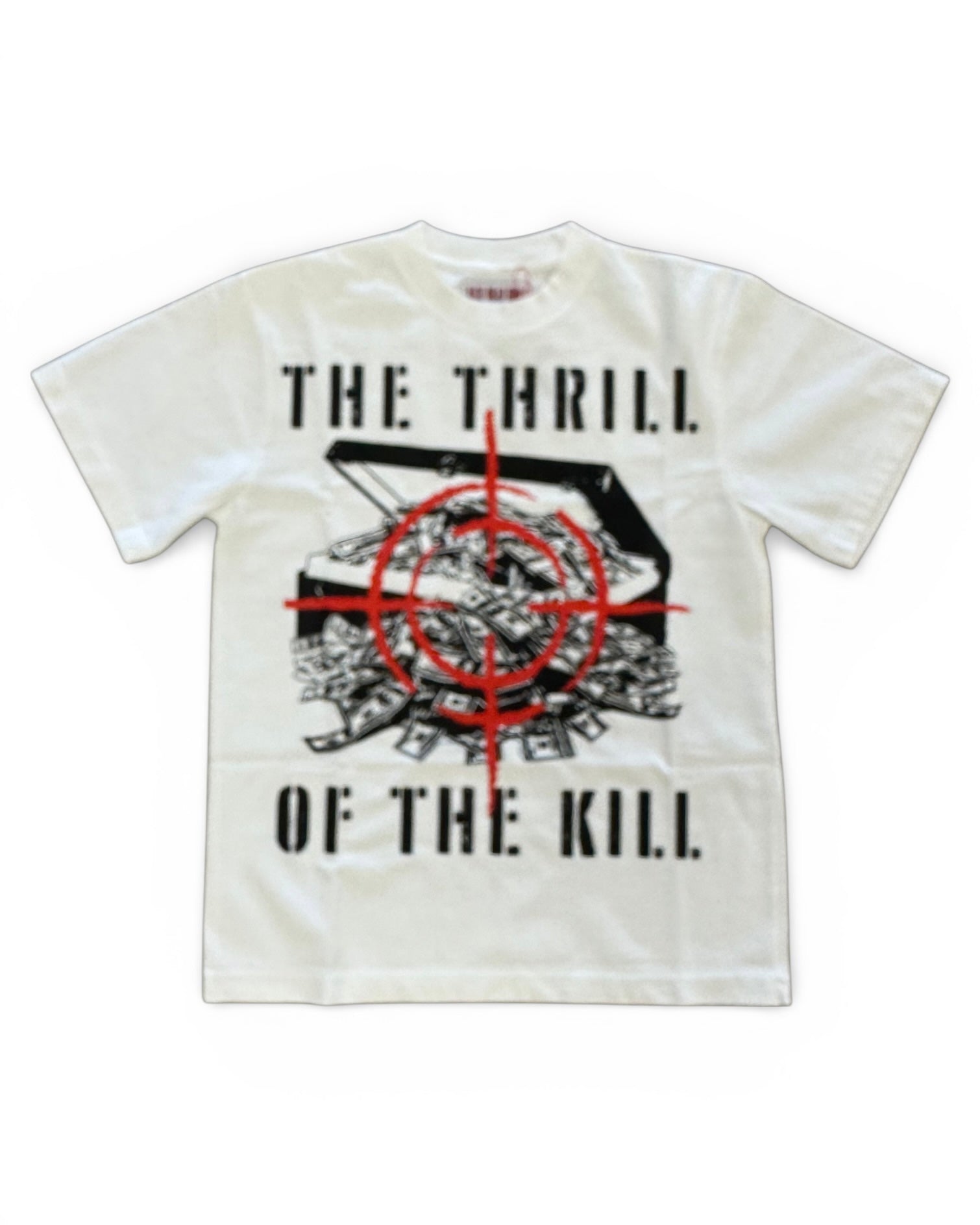 White t-shirt with graphic design and text 'The Thrill of the Kill' on a white background