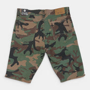 Camouflage shorts with black silhouette designs on a white background