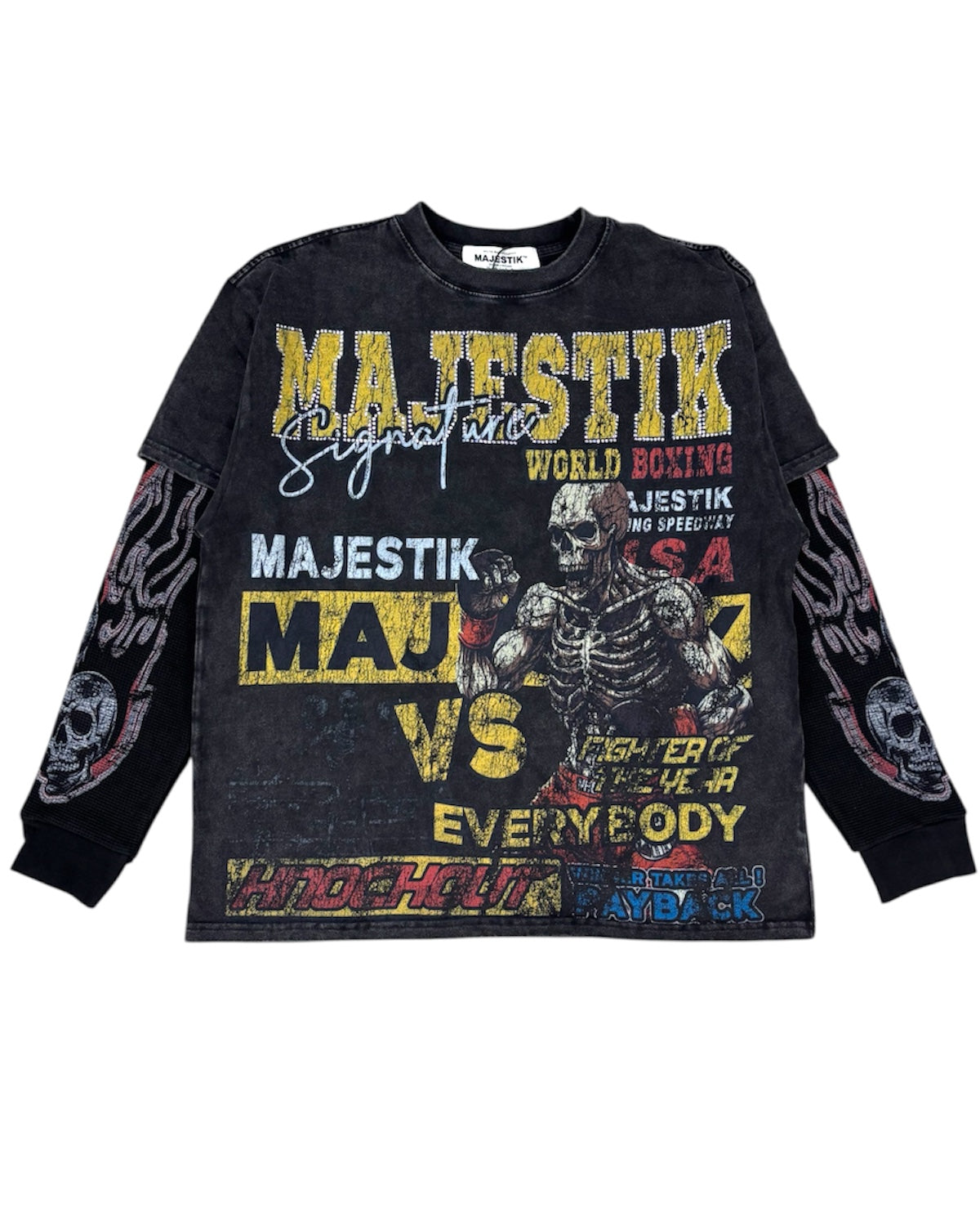 Black long-sleeve shirt with colorful graphics and text on a white background