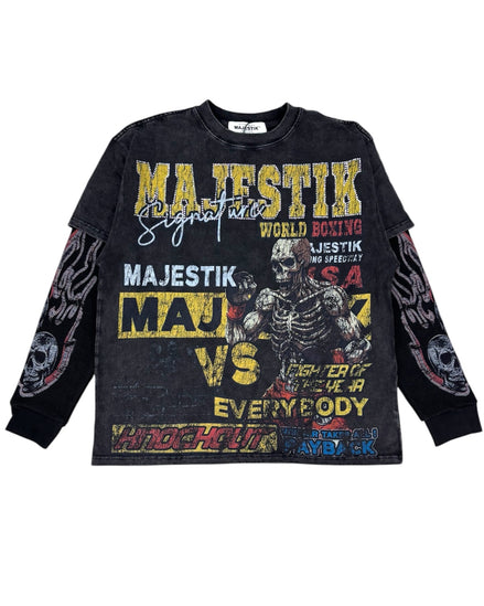 Black long-sleeve shirt with colorful graphics and text on a white background