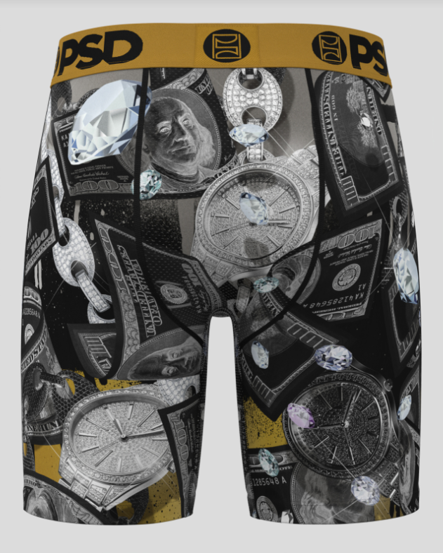 Boxer briefs with money and watch pattern on a gray background