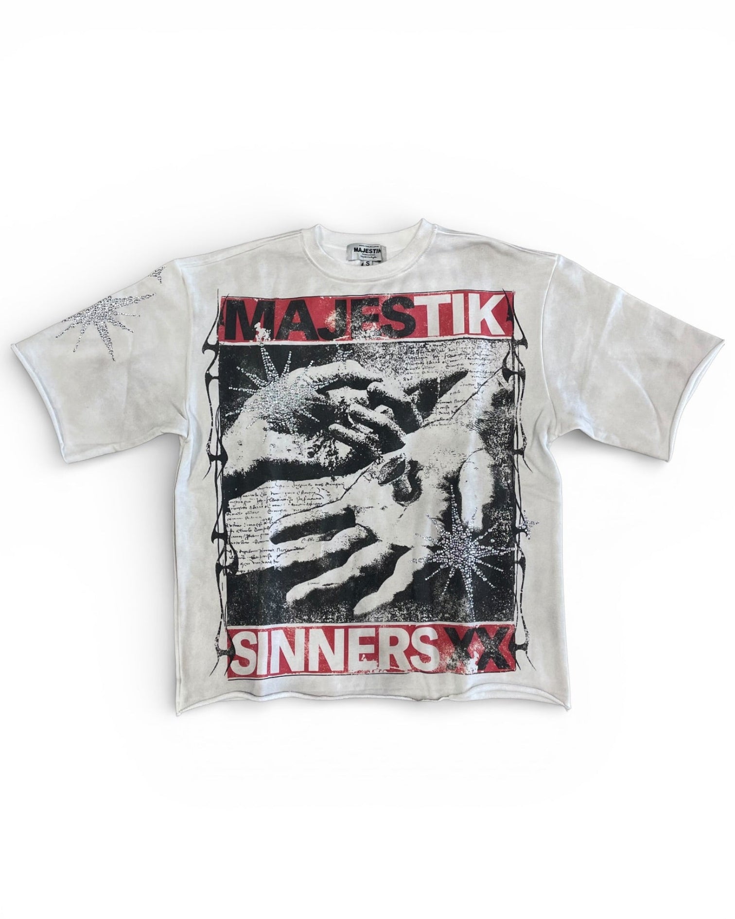 White t-shirt with graphic design and text on a white background