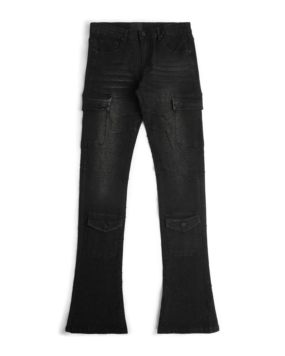 Black flared jeans on a white background