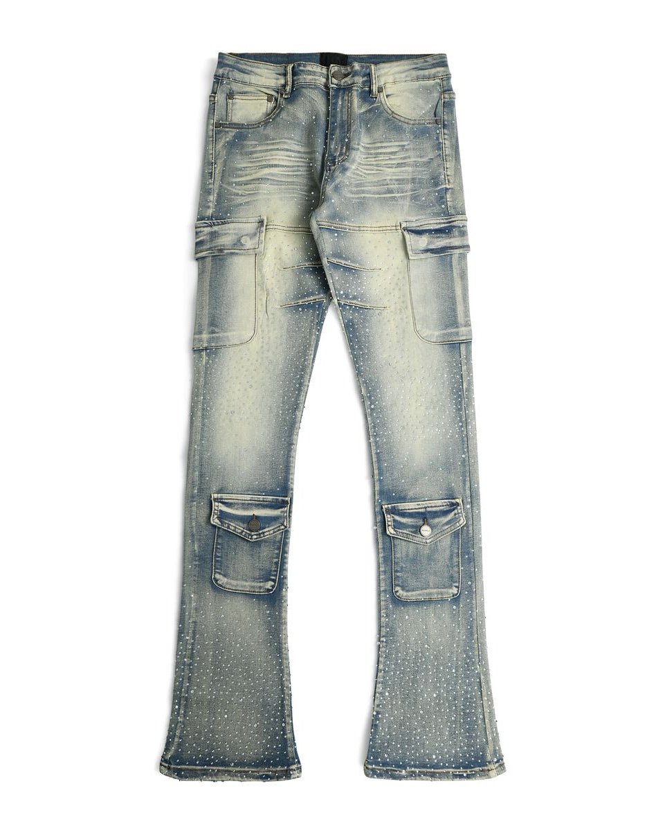 Blue denim jeans with multiple pockets on a white background