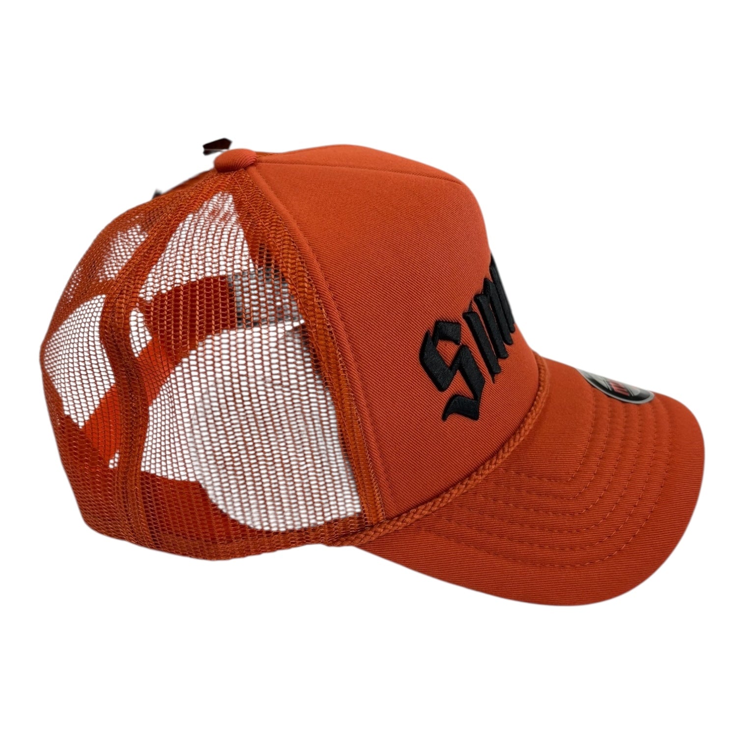 Orange mesh cap with black logo on a white background