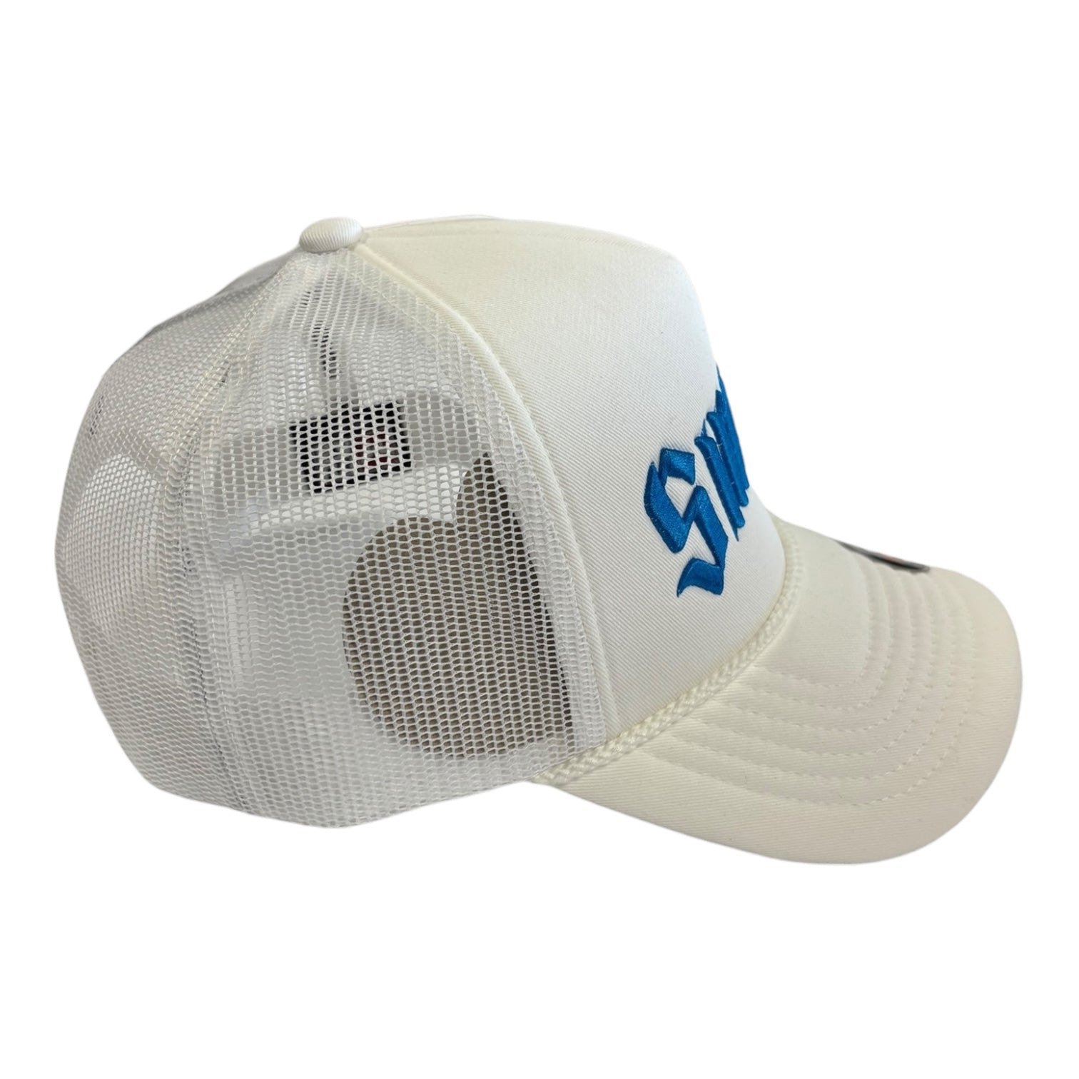 White mesh cap with blue logo on a white background