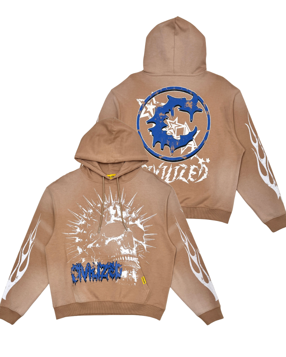 Brown hoodie with blue and white graphics on a white background