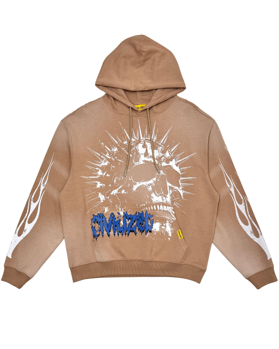 Brown hoodie with graphic design on a white background