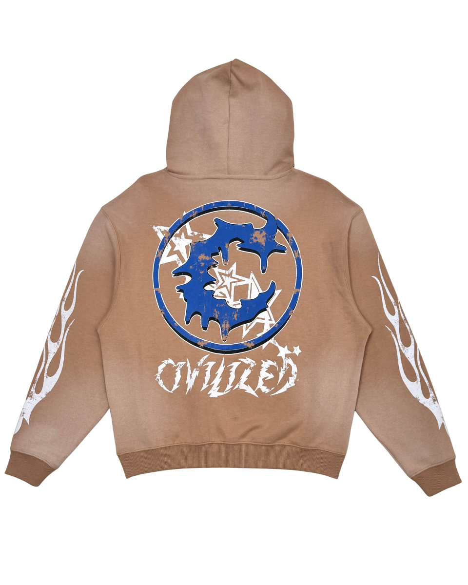 Brown hoodie with blue and white graphic design on the back against a white background