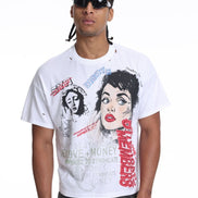 Man wearing a white t-shirt with graphic design and sunglasses on a white background