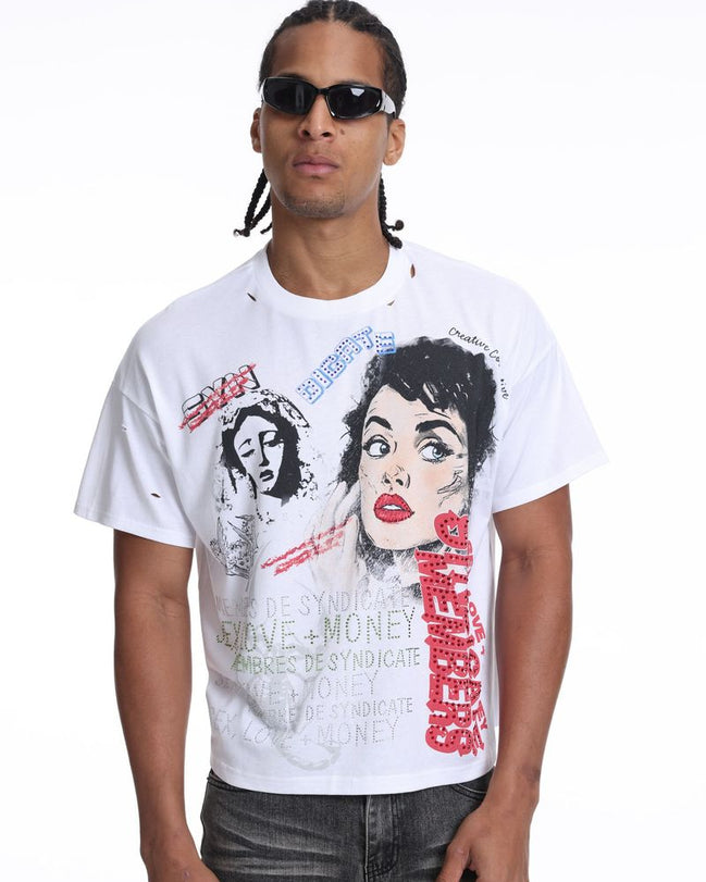 Man wearing a white t-shirt with graphic design and sunglasses on a white background