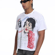 Man wearing a white t-shirt with graphic design and text, standing against a white background