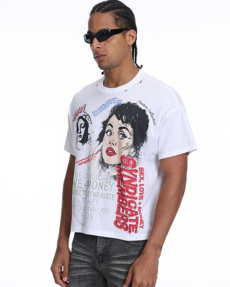 Man wearing a white t-shirt with graphic design and text, standing against a white background